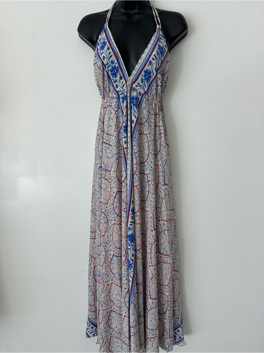 Halter V-Neck Floral Border Maxi Dress in Blue and White